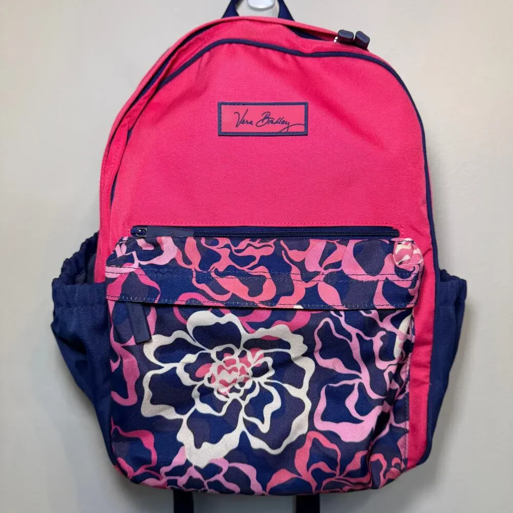 Vera Bradley Lighten Up Floral Flowers Backpack Book Bag Pink Navy Blue